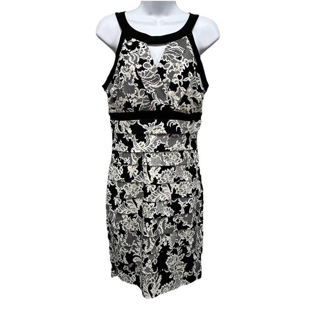 White House Black Market Midi Dress Womens 10 Blck Wht Floral Sheath Stretch Zip